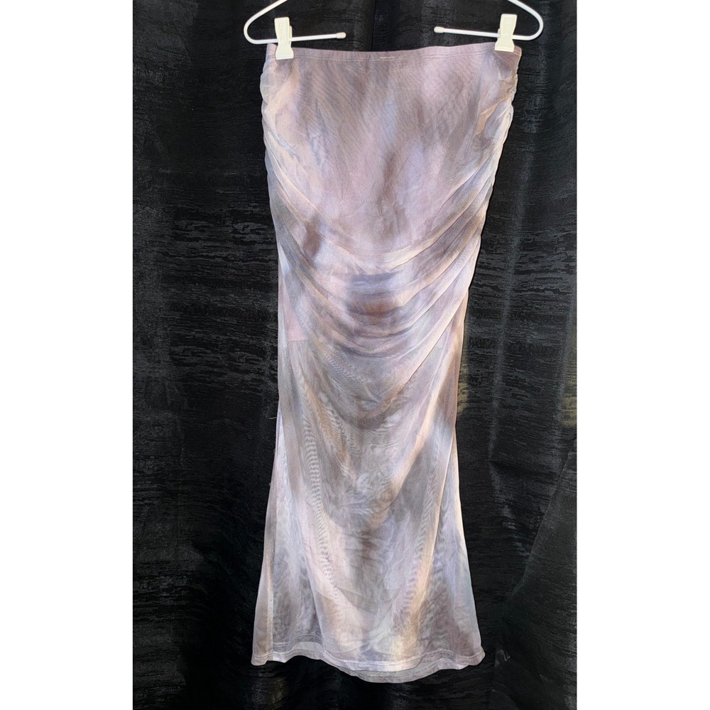 RSQ Small Mesh Ruched Maxi Skirt Purple Gray Tie Dye Bodycon Stretch - Picture 5 of 6
